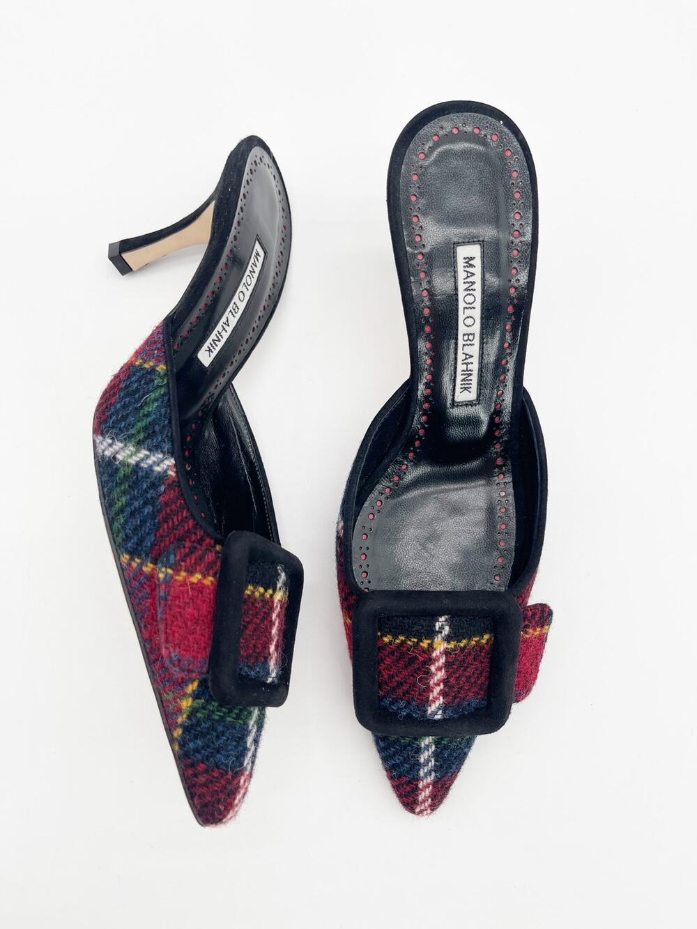 Manolo Blahnik Maysale Black Multicolor Tartan Wool Buckle Mules Heels IT 37.5
